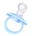 Blue baby boy pacifier dummy. Hand drawn watercolor illustration isolated on white background. Collection to newborn Royalty Free Stock Photo