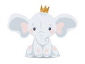 Blue baby elephant in a crown, children s character, cute animal in flat cartoon style isolated on white background. Royalty Free Stock Photo
