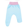 Blue baby footed pants with pink elastic. child footie trousers isolated on white background