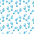Blue baby footprint, watercolor hand drawn seamless pattern Royalty Free Stock Photo