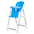 Blue baby highchair for kids feeding, with a removable table, on wheels