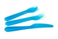 blue baby plastic spoon, fork and knife on white background Royalty Free Stock Photo