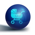 Blue Baby stroller icon isolated on white background. Baby carriage, buggy, pram, stroller, wheel. Blue circle button Royalty Free Stock Photo