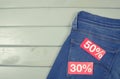 Blue back jeans pocket with number percent sale