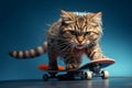 Blue backdrop, a skateboarding cat exudes a groovy, cool attitude