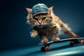 Blue backdrop, a skateboarding cat exudes a groovy, cool attitude