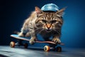 Blue backdrop, a skateboarding cat exudes a groovy, cool attitude