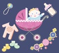 Blue background with a baby in the pink baby carriage and childr