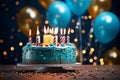 Blue background, birthday cake with candles, balloons, and confetti Royalty Free Stock Photo