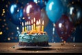 Blue background, birthday cake with candles, balloons, and confetti Royalty Free Stock Photo