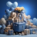 Blue background with blue gift boxes in shopping cart or trolley. E-Commerce Shopping shopping day