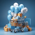 Blue background with blue gift boxes in shopping cart or trolley. E-Commerce Shopping shopping day