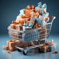 Blue background with blue gift boxes in shopping cart or trolley. E-Commerce Shopping shopping day