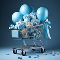 Blue background with blue gift boxes in shopping cart or trolley. E-Commerce Shopping shopping day