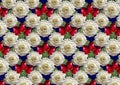 Blue background of bouquet large white roses and red buds