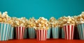 blue background bucket food cinema video red corn box popcorn film. Generative AI. Royalty Free Stock Photo