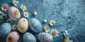 A blue background with a bunch of eggs and flowers Royalty Free Stock Photo