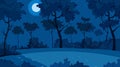 Blue background of cartoon summer forest on a moonlit night