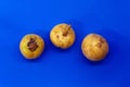 On a blue background in the center are three fresh and useful small turnips Royalty Free Stock Photo