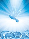 Christian baptism symbol with dove and waves of water on blue background