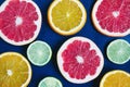 Blue background with citrus slices: orange, grapefruit, lemon, l