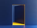 A blue background with a 3D render of an open door, illuminated by yellow light inside. This isolated element of room Royalty Free Stock Photo