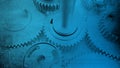 Dented steel grunge glossy gears industrial cogs and technologic digital circuits Royalty Free Stock Photo