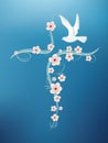 Christian baptism background with cross flowers and dove