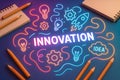 Innovation concept with pencils lightbulbs rockets and gears on a blue background Royalty Free Stock Photo