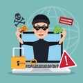 Blue background global world silhouette with laptop and thief man hacker stealing attack