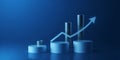 A blue background with a graph showing an upward trend with cylinders and an arrow pointing up Royalty Free Stock Photo