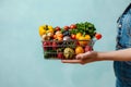 Blue background, hand holds shopping cart filled with fruits and vegetables Royalty Free Stock Photo