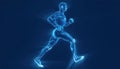 Detailed wireframe of a firefly sprinting in a sprinting pose against a blue background illustrating agility and motion
