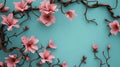 A blue background hosts pink flowers, presenting a realistic landscape with soft edges, free space for text
