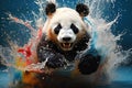 Blue background image of Panda playing in colorful splashing water Royalty Free Stock Photo
