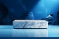 Blue background, marble podium Showcase for beauty products, versatile display