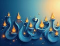 a blue background with menorah in swirling patterns and candles lighted up with dreidels on it Royalty Free Stock Photo