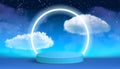 Blue Background with podium and cloud scene, minimal product Stage display background. Geometric shape. Night Blue Sky