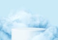 Blue background with a product podium surrounded by blue clouds. Smoke, fog, steam background. Vector illustration