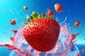 blue background red fresh freshness strawberry healthy water splash food fruit. Generative AI.