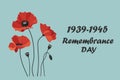 Blue background with red poppy flowers and text. Vector illustration for Remembrance day, Victory Day, Anzac day.