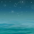 Blue background the sea and the night sky with stars: constellations Big Dipper, Pole star.