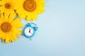 Blue background with small alarm clock and yellow sunflowers.