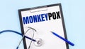 On a blue background, a stethoscope, a pen and a tablet with paper and the text MONKEYPOX. medical concept Royalty Free Stock Photo