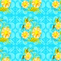 Blue background symmetric texture and daisies yellow