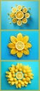 Blue background with three yellow flowers, each of which has slice of lemon placed in center. There are also several slices of