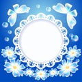 Blue background with transparent butterflies, flowers and openwork frame Royalty Free Stock Photo