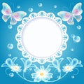 Blue background with butterflies, flowers and openwork frame Royalty Free Stock Photo