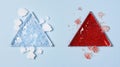 A blue background with two triangular shapes, one blue and one red, with white and red crystals on top. Royalty Free Stock Photo