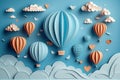 Blue background for Valentine\'s Day with paper cut hearts, hot air balloons and clouds, Generative AI Royalty Free Stock Photo